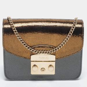 Furla Grey/Gold Leather and Glitter Interchangeable Flaps My Play Mini Metropolis Bag
