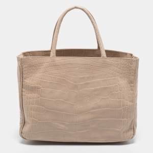 Pre Owned Furla Beige Croc Embossed Leather Practica Tote 