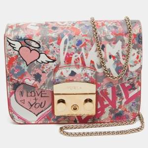Pre Owned Furla Multicolor Graffiti Leather Mini Metropolis Chain Crossbody Bag