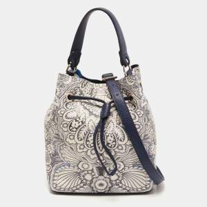 Pre Owned Furla Blue/White Floral Printed Leather Stacy Drawstring Bucket Bag