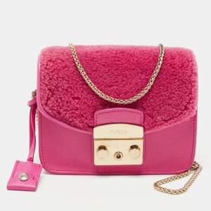 Pre Owned Furla Pink Leather and Shearling Effect Mini Metropolis Chain Crossbody Bag