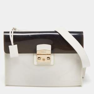 Pre Owned Furla White/Black Rubber and Leather Flap Pushlock Shoulder Bag