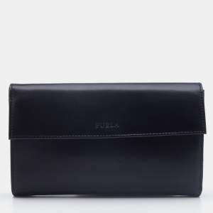Pre Owned Furla Black Glossy Leather Logo Trifold Compact Wallet 