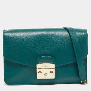 Pre Owned Furla Green Leather Small Metropolis Shoulder Bag