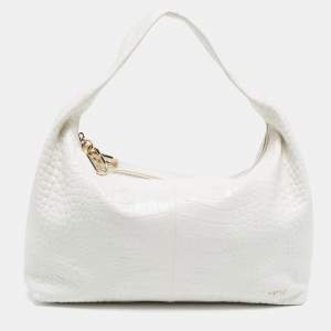 Pre Owned Furla White Croc Embossed Leather Ginger L Hobo