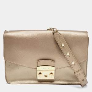 Pre Owned Furla Light Gold Leather Metropolis Shoulder Bag
