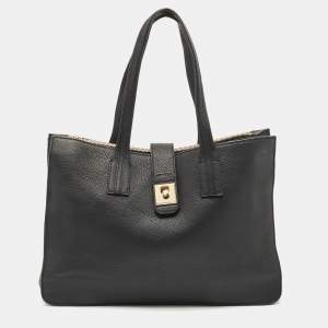 Pre Owned Furla Black Leather Pushlock Flap Tote