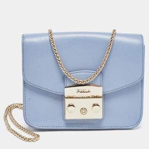 Pre Owned Furla Light Blue Leather Mini Metropolis Crossbody Bag