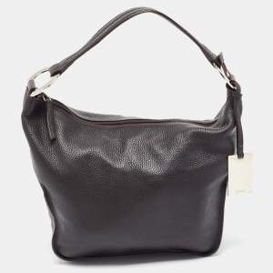 Furla Dark Brown Grained Leather Ring Handle Hobo