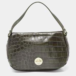 Pre Owned Furla Olive Green Croc Embossed Leather Flap Hobo