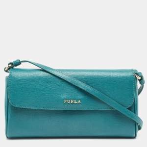 Pre Owned Furla Green Leather Flap Clutch Bag