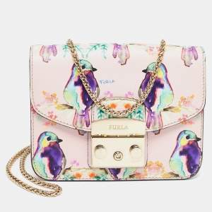 Pre Owned Furla Pink/Multicolor Bird Print Leather Mini Metropolis Crossbody Bag