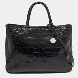 Pre Owned Furla Black Croc Embossed Leather Zip Tote