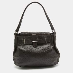 Pre Owned Furla Dark Brown Ostrich Leather Greta Bag