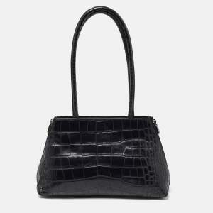 Furla Black Croc Embossed Leather Vintage Shoulder Bag