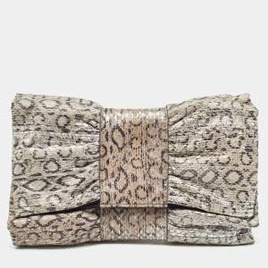 Furla Grey/Silver Snakeskin Embossed Leather Bow Clutch