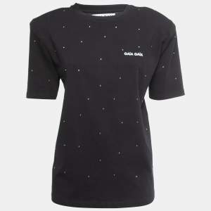 Gaia Gaia Black Cotton Rhinestone Embellished Yara T-Shirt S
