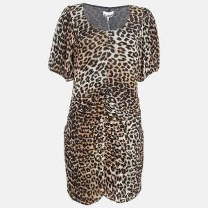 Ganni Brown Brown Leopard Print Jersey Mesh Ruched Mini Dress L