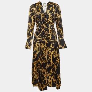 Ganni Black Printed Stretch Satin Ruched Midi Dress S