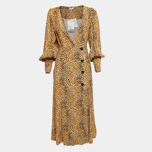 Ganni Yellow Leopard Print Crepe Buttoned Midi Dress S