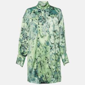 Ganni Green Abstract Floral Print Satin Mini Dress L