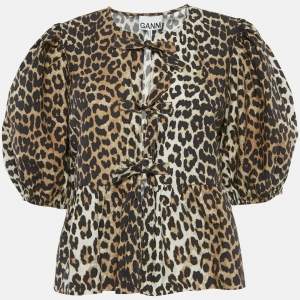 Ganni Brown Leopard Print Cotton Gathered Top M