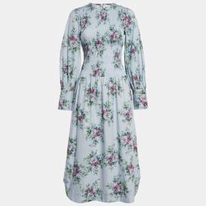 Ganni Blue Floral Print Cotton Shirring Detail Midi Dress XS