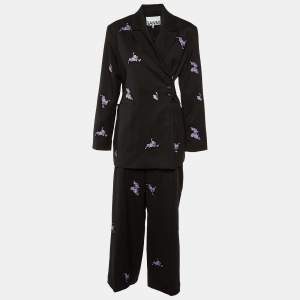 Ganni Charcoal Grey Embroidered Wool Wrap Blazer & Pants Set M