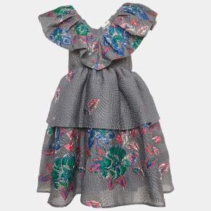 Pre Owned Ganni Grey Lurex Jacquard Tiered Mini Dress XS