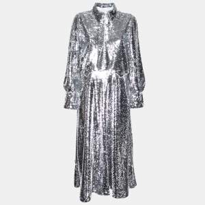 Pre Owned Ganni Silver Synthetic Sonora Sequin Collar Maxi Dress S