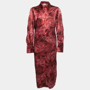 Pre Owned Ganni Red Snake Print Silk-Satin Collared Midi Dress M