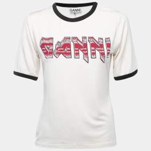 Ganni Cream Logo Print Knit Crew Neck Half Sleeve T-Shirt M