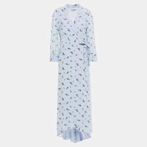 Pre Owned Ganni Blue Floral Print Viscose Midi Wrap Dress EU 36