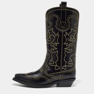 Ganni Black Leather Contrast Stitch Mid Calf Cowboy Boots Size 38