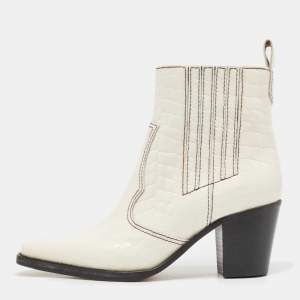 Ganni White Croc Embossed Patent Leather Callie Ankle Boots Size 40