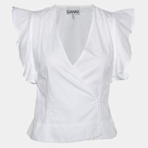 Ganni White Cotton Cap Sleeves Wrap Top XXS