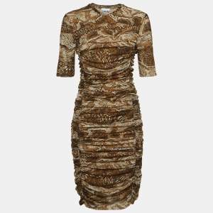 Pre Owned Ganni Brown Snake Print Jersey Ruched Mini Dress S