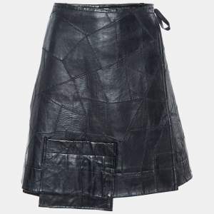 Ganni Black Patchwork Leather Wrap Around Mini Skirt XL 