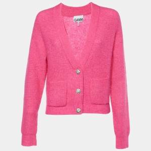 Ganni Pink Alpaca Wool Knit Crystal Button Detail Cardigan S