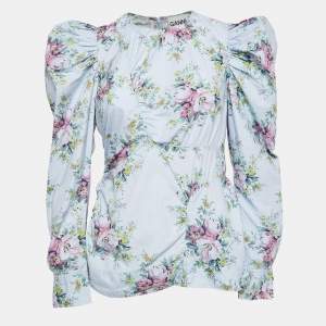 Ganni Blue Floral Print Puff Sleeve Top M