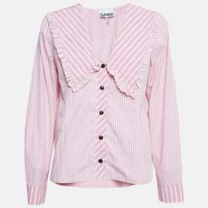 Ganni Pink/White Stripe Cotton Ruffled Collar Shirt M