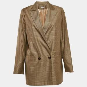 Ganni Brown Plaid Silk Blend Double Breasted Blazer L