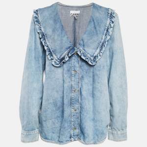 Ganni Blue Denim Ruffled Platter Collar Shirt XL