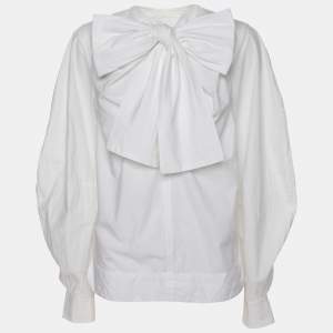Ganni White Cotton Cropped Sleeve Bow Top XS