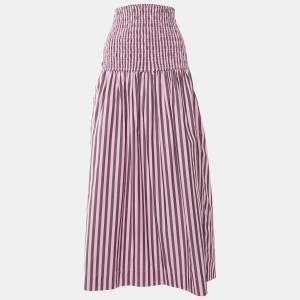 Ganni Pink Striped Cotton Smocked Waist Maxi Skirt L