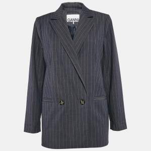 Ganni Blue Pinstripe Gabardine Double Breasted Blazer S