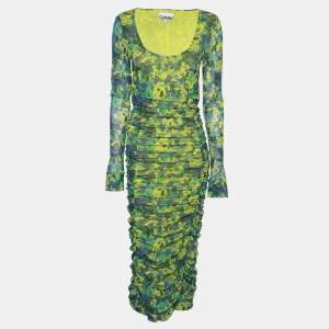 Pre Owned Ganni Multicolor Pinted Mesh Ruched Midi Dress S