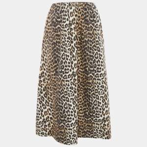 Ganni Brown Leopard Cotton Gathered Midi Skirt M