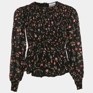 Ganni Black Floral Print Crepe Smocked Top XS
