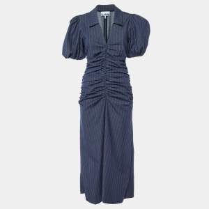 Pre Owned Ganni Navy Blue Pinstripe Ruched Maxi Dress L